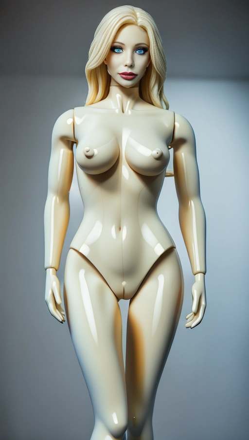 scene photo studio. sexy naked thirty-four year-old woman turned into a plastic mannequin. neck length blonde hair. blue eyes. painted on featrures. 38D-25-34 measurements. massively extreme mannequin fetish. looking seductive sultry. alluring. enticing. silicone. fake. .