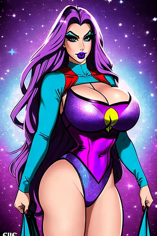 A 25 year old female superheroine, large breasts, dressed in a sexy circus costume, circus makeup, long purple hair. Pale Blue eyes, comic book style