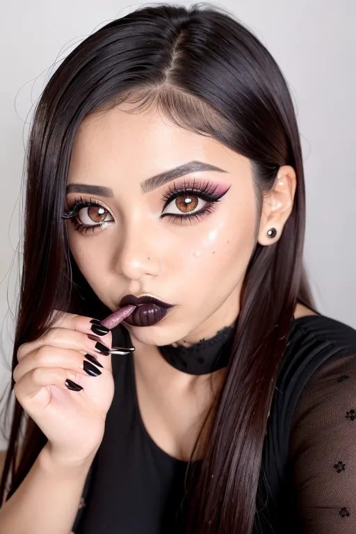 hispanic girl, big eyes, long eyelashes, blushing, cute makeup, detailed eyes, close up, facial cum, goth makeup, cum on face, spit on face, dpmg_face_cum_v1