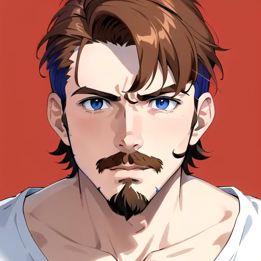 (masterpiece), absurdres, smooth, soft lines, soft edges, perfect edges, (soft lighting), (soft glow), perfect anatomy, detailed background, hair with great details, perfect eyes, perfect face, 1man, ((ghibli art style)),
((Man with light brown hair)), ((short spiky hair)), serious, wide chin,
(Light brown hair), ((blue eyes)), ((pale skin)), ((short red mustache)), ((red goatee)),