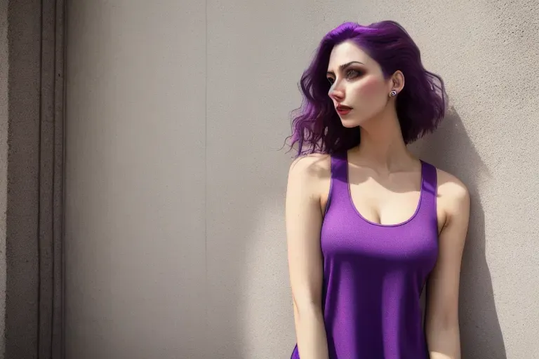 photograph, 20 year old, an e-girl, insanely beautiful, tank top, purple, street, daytime, natural light, surprised, 8k, professional