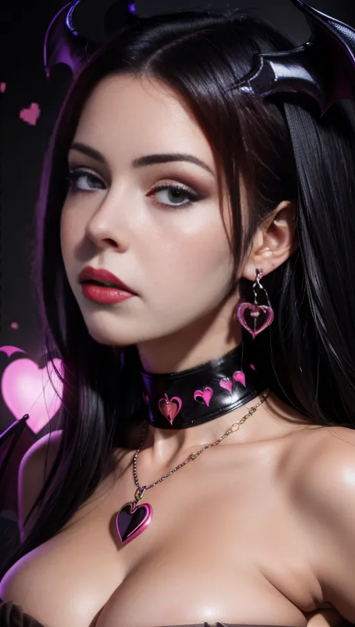 best quality, (((ultra high res))), (detailed face and eyes), hearts, perfect face, big choker, earrings, jewelry, glowing heart, heart necklace, ((black hair)), ((((succubus)))), dark background, (((face closeup))), (big heart pasties)