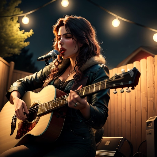 Beautiful woman in a backyard playing guitar, night time, sad, gloomy, emotional, powerful, ((mouth slightly open because she is singing))