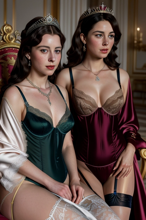 a colour painting of, a full length young Queen Elizabeth II and princess Margaret ,((accurate faces)), ((show full bodies and thighs)), ((wearing ermine robes)) with (((elegant sexy lingerie))) underneath, wearing necklaces, sitting on her throne ,natural breasts,five slender fingers, ((dark hair)),gorgeous faces, beautiful lips, long sexy legs, detailed large eyes,curved eyebrows,pale skin,cosy. artstation,bokeh,8k,cgsociety,editorial