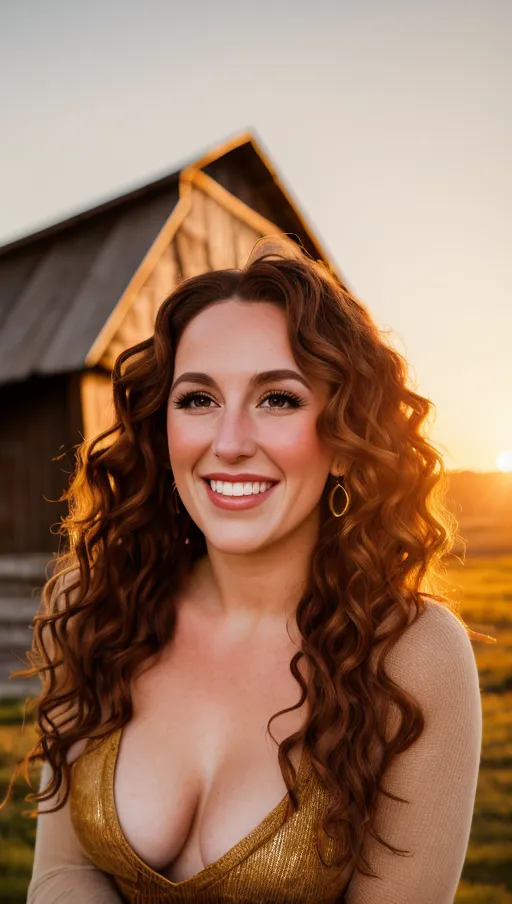 Rustic barn, vibrant young woman, golden hour sunset, Round Face with Bright Wide Eyes, a Roman Nose, and Heart-shaped Lips, Loose Curls, laughing, infectious joy, (captured in natural light).