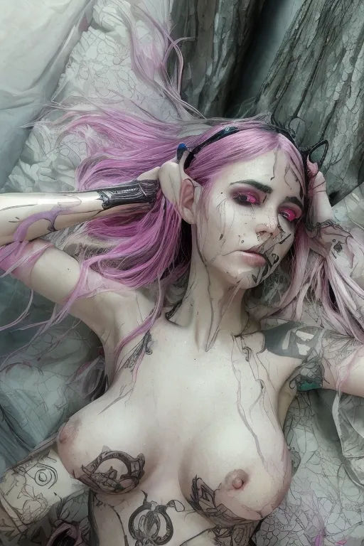 <ti:SadSin2VH> <lora:OpenJourney-LORA:0.5> <lora:big-head:0.5> big head doll cute slender skinny anorexic college girl sensual and erotic photography, topless pale nipples in frame, sheer black long sleeves with colorful intricate floral lace, nudity, very pale lavender lipstick, nipples, topless, emo girl with cat ears, mesmerizing eyes, freckles, neon tattoos, on a bed totally naked and nude spreading her legs, proportionally sized boobs, gothic decorated, pink wet pussy, cute feet, blue hair, pink nails, no bra no panties, blade runner aesthetic, pretty face, messy makeup, messy hair, highly detailed background, realism masterpiece, confident, lustful, crazy, nymphomaniac, stunning, slender, armpit hair, heavenly lips, pink nipples, shadman style, shadman, dramatic lighting, shy, embarrassed, extremely beautiful and cute, emo elf girl, highest resolution, dpmg_runny_makeup_v1, professional photography, Cinestill 800T Canon 5D DSLR, neon ray tracing, lying down on a bed of moss in a forest