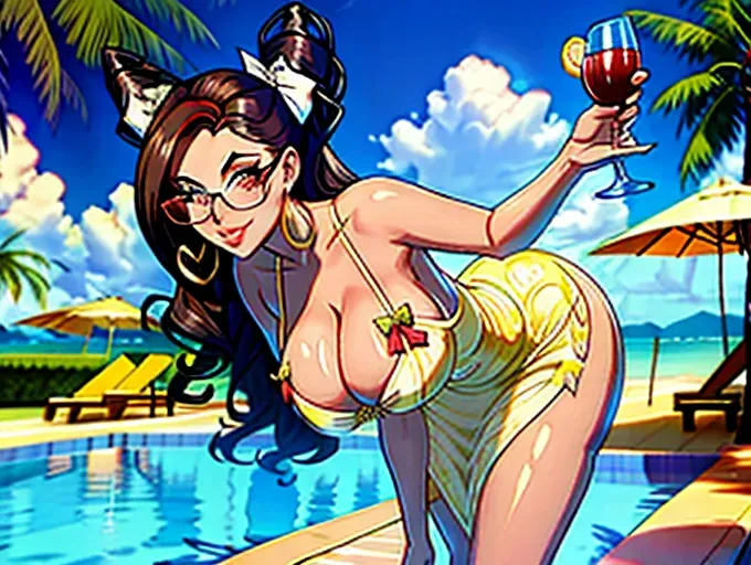 abigail ratchford in a sundress, poolside, serving a drink, big tits, full body, bow in her hair, wearing glasses, smiling, blushing, leaning forward, high heels, standing up