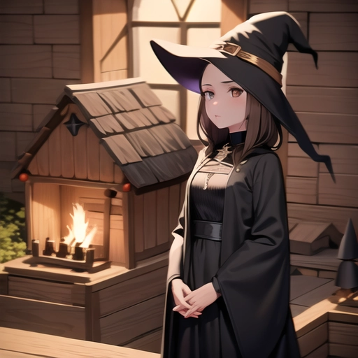 1girl, brunette, brown eyes, (((witch))), fantasy, hot, sexy, small tits, ((( inside Witches house))), (potion shop), black witches dress, fully clothes, good art, beautiful, perfect image, modest clothing, standing up, black dress, thin girl