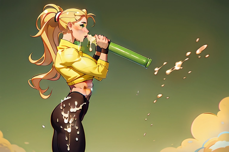 woman on her knees sucking the penis of a man standing next to her, blonde hair, ponytail, (office outfit), breasts out, ((muscle, muscle body, fit, fitness, abs), green eyes, full body, seen from side-details, (cum in mouth:1.5), perfect mouth, perfect vagina, perfect penis)