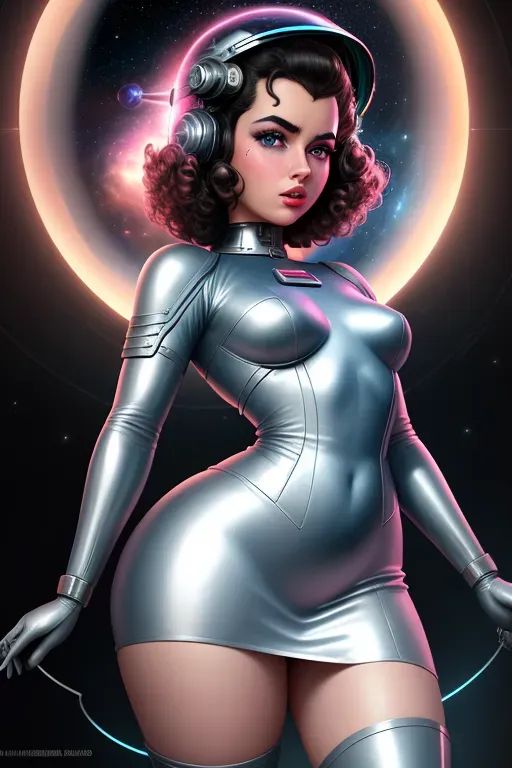 Retro sci fi, 1950s, atompunk genre, space woman, damsel in distress, Hispanic, beautiful mid dark curly hair, glass dome helmet over head, dark eyebrows, blue eyes, soft cheeks, small nose, full pink lips, small pointy breasts, mid build, curvy, thin waist, thicc thighs, full ass, aroused clit, throbbing anus, half naked, silver leather space suit with a reveling skirt, captive, ass facing me, submissive, wanting sex, Disney animation, high definition, 4k quality, cinematic lighting, great shading, excellent detail, five fingers per hand, two arms and legs.