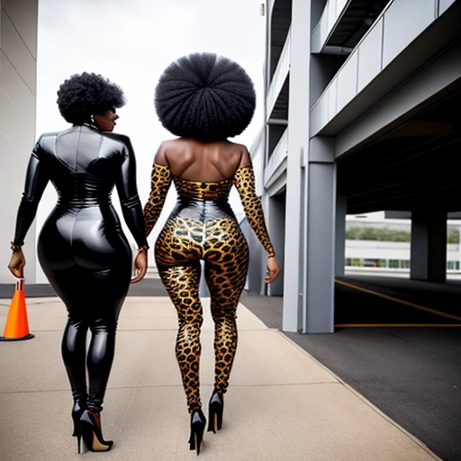 Sexy black villainess with afro and big ass wearing a leapord print catsuit and feather boa walking down parking garage.
front and rear view.
