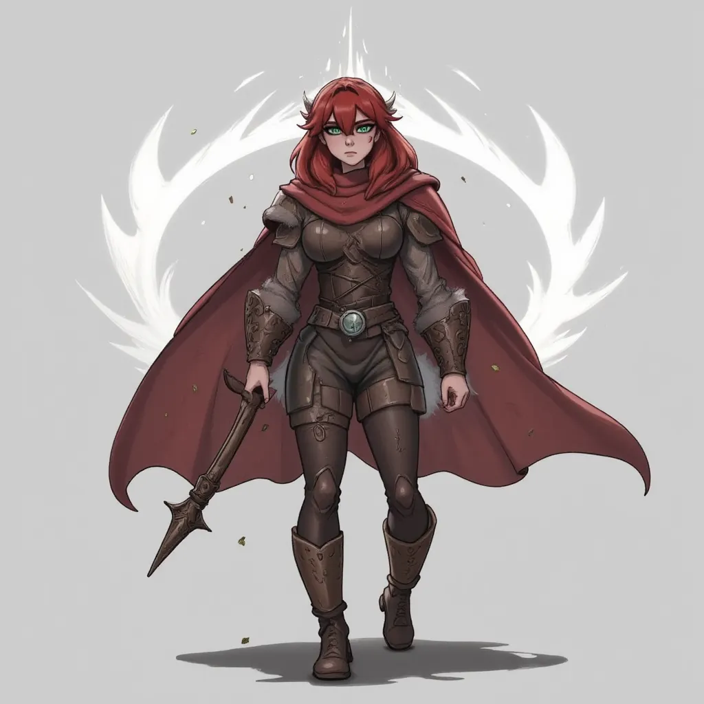 Anime-style illustration of Little Red Riding Hood grown up as a skilled hunter, dirty muddy boots, Grungy, red hair under cloak, a little feral, barbarian, survivor, weathered strong green eyes, leather clothes, red cloak, Bow wearing a weathered crimson hooded cloak, leather armor, and fur-lined boots, holding an elegant longbow carved with forest motifs. She stands confidently in a misty enchanted forest at dawn, fallen leaves swirling around her. Sharp green determined eyes, subtle scars showing experience, wind flowing through her cloak. Cinematic lighting, dynamic pose, detailed fantasy anime art, high resolution, dramatic atmosphere, ref sheet style, anime art style