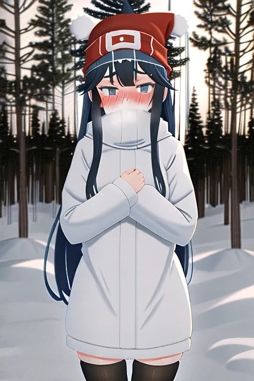 naked girl,stocking cap,snow,forest,long hair,cold,shivering,embarrassed, <lora:red_lines_face:1>