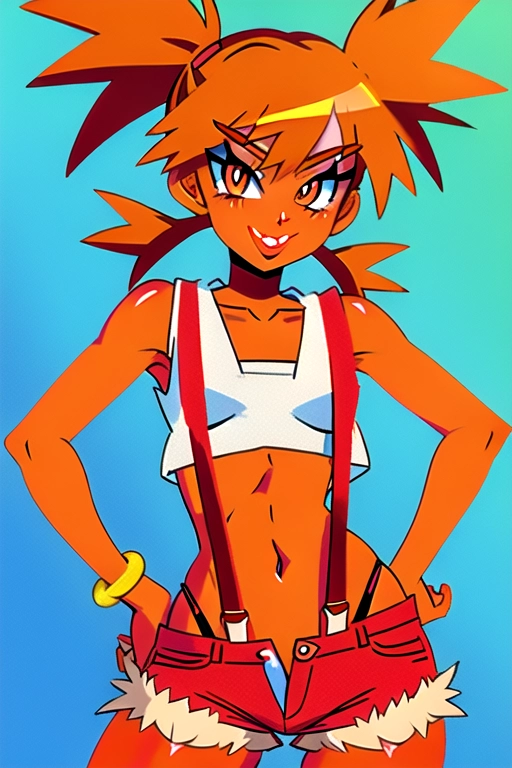 (Pokemon Misty). Red Suspenders. ( crop top.) Tiny jean shorts. (Orange hair pigtails). ((Scarlet red slutty outfit)). G-string showing. Heavy red lipstick. Lust. Skimpy clothes. Hooker. (Cute)
<lora:dpmg_better_bodies:0.1>
Best quality. 8k. Masterpiece.
