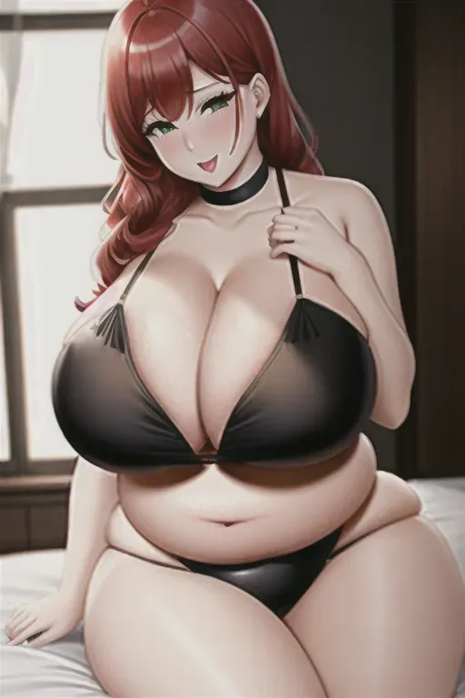 a close up shot of, a milf, giant breasts, thicc, hourglass, pale, huge boobs, huge milkers, red hair, green eyes, fat tits, biggest breasts, ahegao, fat, chubby, in bed, fat belly, black bikini, seductive, blushing