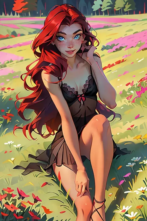 young beautiful redhead wearing a dark blue sheer see-through gossamer silk minidress and lying in a field of flowers, messy red hair, ((alluring sexually suggestive smile)),lying on her back in a grass field, daisies and wildflowers, sunset, small breasts, pink nipples, blue eyes, perfect teeth, anatomically correct, five fingers per hand, HD resolution, high contrast, professional, realistic, photorealistic, freckles, highly detailed, detailed face, young, professional photograph, autumn, Ray tracing, skinny, realistic skin texture, (photorealistic), sexually provocative pose, (masterpiece), (best quality), tight vagina, falling leaves, autumn