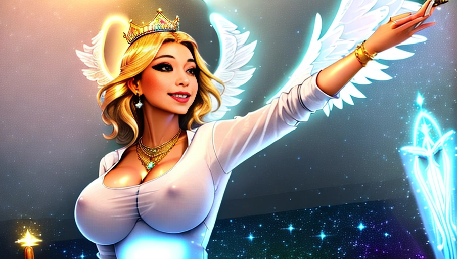 ((a 64k high detailed photo of Female)),
HDR, Professional, ((has clothes))) ((Has Attire)) Godly Ultra Detailed Best Quality Most Detailed ((Angel Wings)) Angelic Lighting Love Hope Magic casting Crown Smiling Queen happy Glory Warrior Angels Angelics Positivity Happiness ecstasy enraptured sweaty saving God Royalty Morality Goodness True Good Power Force Authority Ethical Saviour Halo short Hair Always and Forever Sentimental in heat hot ultra hot best best lighting tantric Neutral Brilliant Logical Compassionate Perfect Perfection Exciting Integrity Winged Courage Purity Harmony Beauty mark on upper lip ((Female)) Ethereal Lighting Celestial Lighting (((With Clothes))) ((With God Item)) ((God Tech)) with items of power God Wings ((Afterlife Light)) (Love Worship) (Perfect Tits) (Perfect Ass) ((Happy Expression)) Nipples through shirt