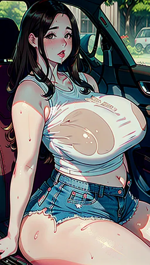 a photograph of, an ssbbw woman, brown eyes, short, sitting in backseat of car, smooth skin, pale skin, no makeup, bursting out of clothes, large forehead, small nose, cute, big eyes, plump lips, big mouth, thick lips, small breasts, natural small boobs, huge fat thighs, giant belly, huge love handles, belly hanging over waistband, giant juicy
gut, huge saggy belly, extra wide belly, big double belly, huge fat arms, spare tire, chubby, fat, obese, bbw, huge fat rolls, fat pussy, thicc, giant fat ass, huge fat butt, huge wide hips, light brown hair, straight hair, long hair, curved eyebrows, pale skin, sharp focus, editorial, detailed, artstation, pale white tanktop, white shirt, tight clothes, denim shorts, booty shorts, greasy, wet hair, sweaty, dripping sweat, drooling, smelly, dirty, filthy, nasty, feedism, weight gain