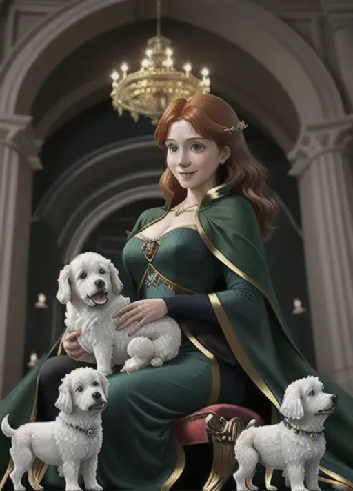 The beautiful adult auburn hair up in a low hanging bun mid-twenties moderate breasts big wide blue eyes smiling Queen Anna of Arendelle sits regally upon her throne in a dark green dress with black long sleeved jacket top and collarless gold trimmed long cape attached at the shoulders. holding a fluffy white bichon frise puppy. photorealistic. far shot. high resolution.