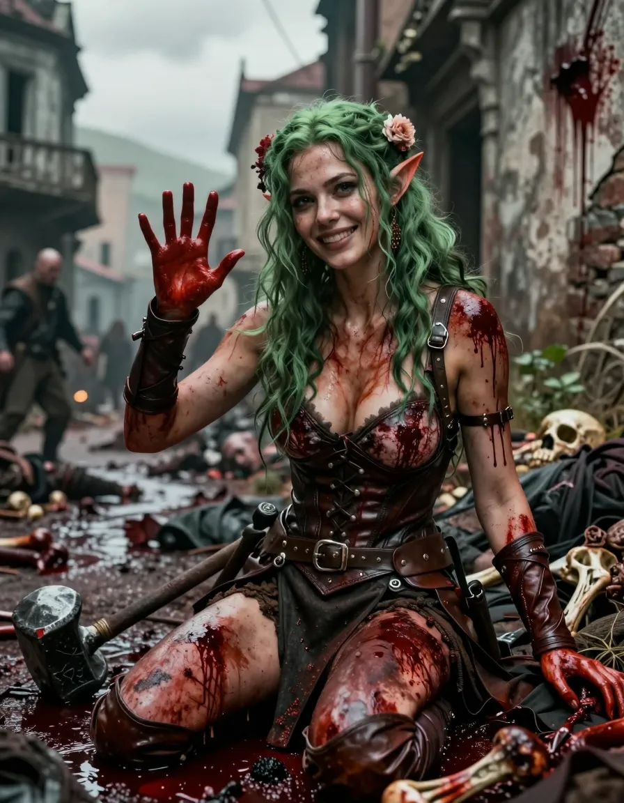 Dark fantasy.
1 hot elf female warrior with wavy green hair covered with blood is seated on a pile of corpses after a violent battle, (in a street of a ghost town in ruins), (sexy leather armor), (a mace hangs on her side), ((blood dripping from her armor)), (((sweetest look))), (warm smile:1.6), (((waving at the viewer))), ((blood dripping from walls)), ((flowers in the hair)), rivers of blood going down the street, ((perky b-cup breast) covered with (blood stains)), (highly detailed), beautiful lips, perfect lips, beautiful face, highly detailed eyes, (blood puddles:1.2), photon mapping, (leather armor) covered with blood, arms stained with blood, (((ground covered with blood and bones))), cloudy day, perfect fingers, natural day light, (horror scene:1.4), add blood and dismembered bodies to create a (gore atmosphere:1.4), (((blood on walls))), (blood:1.8), bokeh, five fingers per hand, cinematic composition