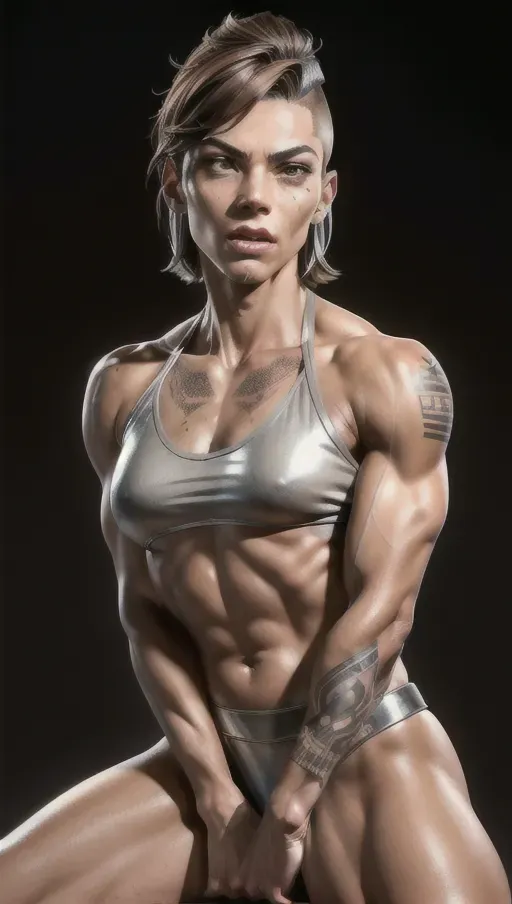 (tall athletic woman with muscular features), (androgynous face with angular features), nude, ((short butch brown hair)), tattoos, (((small breasts))), (topless, wearing silver thong), (dpmg_side_deepthroat_v1, full body shot, woman on knees sucking large penis, standing man, huge saggy testicles, deepthroat, cum oozing from mouth, cum splatter),
<lora:dpmg_add_detail:0.5>, ((masterpiece)), ((photograph quality)), ((realistic)), <lora:dpmg_3d_rendering:0.6>