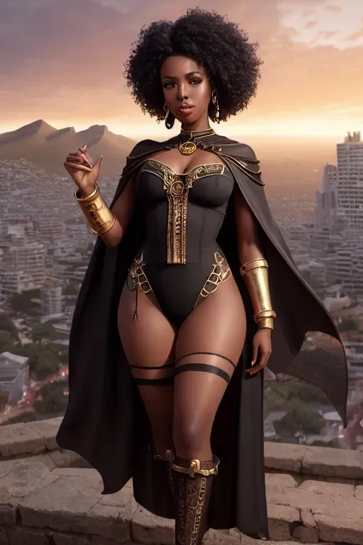 a photograph of a young ((black African woman)) dressed as a princess, ((full body and legs visible)) seductive, wearing ((leotard)), natural breasts, ((short dark curly hair)), ((dark skin)), standing in front of an ((alternate steampunk Cape Town cityscape)), wearing necklace, five fingers per hand,raised arms, beautiful face,beautiful lips,curved eyebrows,curved eyelid,satisfaction,highly detailed,sharp focus,cgsociety,cinematic lighting,pixiv