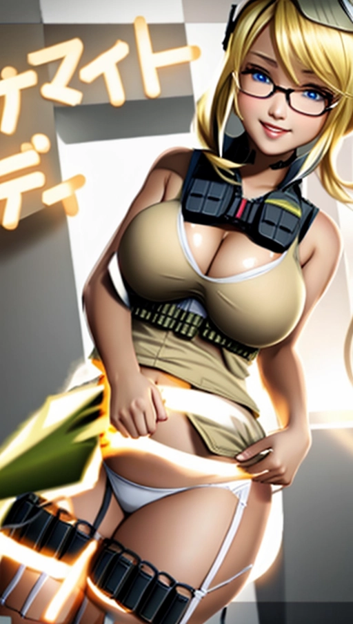 Hot blonde suicide bomber, adult face, smiling, voluptuous, huge breasts, european, blonde hair, (((wearing explosive vest)))), explosive vest (suicide bomber:1), thick thighs, wrapped in Dynamite
