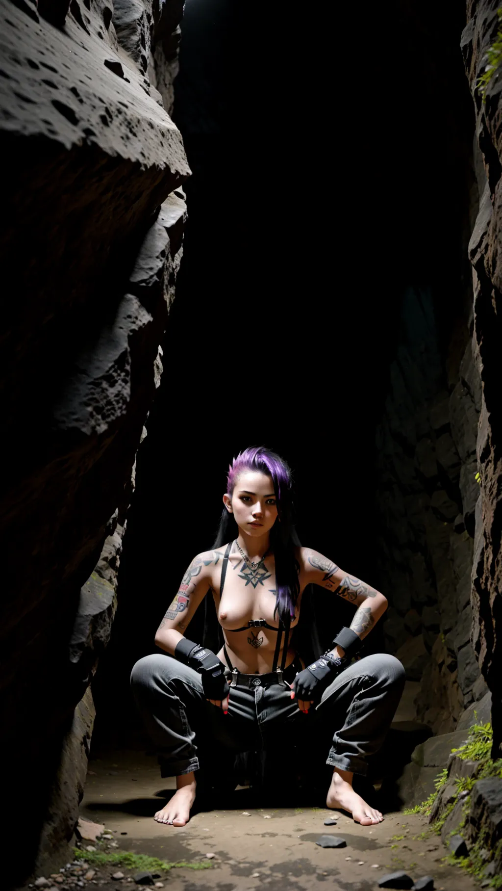 full-body image of a young hot topless barefoot punk girl with an angular face and long hair wearing casual pants and harness and gloves while crouching inside a dark damp cave with tattoos on her feet, sexy feet,