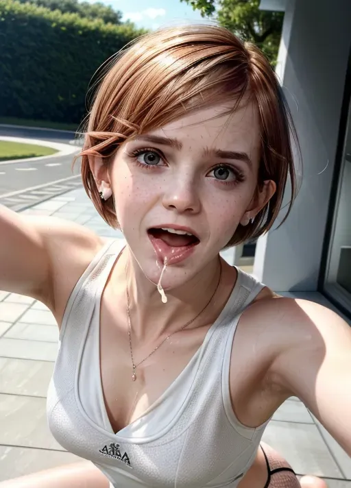 (((EMMA WATSON)))(((ACCURATE FACE)))
Looking up, kneeling , open mouth, selfie, interested, cheerful, (cum in mouth:1.2),
fit, dyke, milf, (short hair),
Sweating,
<lora:dpmg_add_detail:1.0>, (best quality),
beautiful, masterpiece,