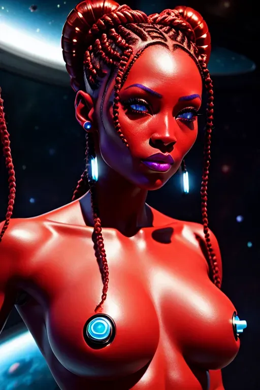 a photograph of,space alien, 1girl,star trek,six alien arms, on space station,four amazing alien breasts and nipples, three fingers per hand,Ghana braids hair,beautiful alien face,beautiful lips,blue eyes,curved eyebrows,curved eyelid,ruby red alien skin,cgsociety,ultra realistic,highly detailed,unreal engine