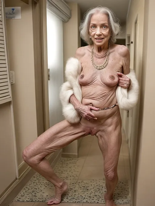 A naked elderly woman, saggy and hanging natural shaped breasts, middle aged female body shape, gets herself sexually excited in the hallway of our apartment building, by wearing only a tiny outfit and playing with her exposed vagina so that everyone can watch her