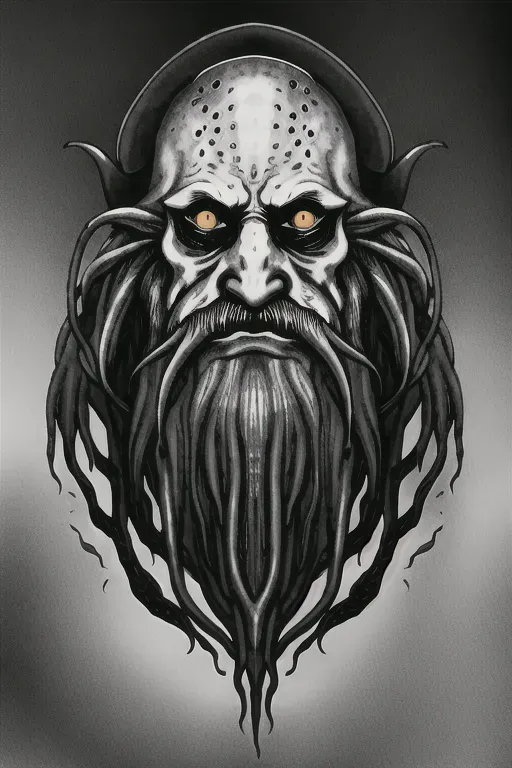 Davy Jones, as women, face is a haunting amalgamation of human and deep-sea creature. His features are contorted and mutated, displaying a fusion of the ethereal and the grotesque. The skin on his face appears leathery and weathered, as if having been exposed to the harsh elements of the ocean for centuries.
The most distinctive aspect of his face is the presence of tentacle-like appendages that replace his beard and part of his hair. These writhing and sinuous tendrils are reminiscent of the limbs of a giant squid, giving him an unsettling and supernatural appearance. His eyes, deep and piercing, are rimmed with barnacle-like growths, and they carry an otherworldly gleam, as if reflecting the ancient mysteries of the abyss.
Seaweed and barnacles seem to cling to his face, merging with his skin as if an extension of his identity. The overall effect is both eerie and commanding, a testament to his connection to the depths of the ocean and his role as the enigmatic ruler of the seas