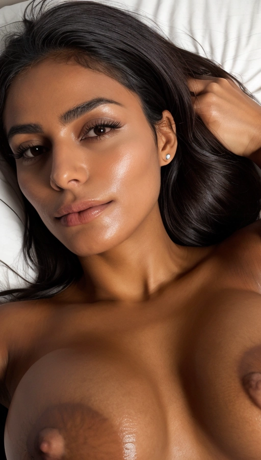 dark bed room, ((young Mexican lady)), ((very dark tanned)), naked, dark shining eyes, round face, dark long hair, hair in half-up style, snub nose, thin eyebrows, no makeup, necklace, ((((((close up)))), moaning face, reddened cheeks, ((((natural erected breasts)))) ,((lying flat on head)), large nipples, low angle view, natural areolas,