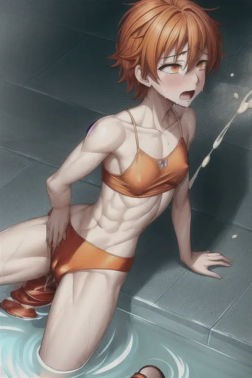 Boy that looks like a girl, has boobs,medium boobs, cum all over body, slim, athletic, orange eyes, orange hair, afraid, normal penis, natural penis, full body, naked, legs spread, on planet, cum all over body, drenched in cum, cum on boobs, cum on face, cumming from penis, The boy is being fucked anally, crying, Perfect Body, perfect Face, <lora:dpmg_add_detail:1>, perfect arms, <lora:dpmg_fucked_from_behind:1>, drowning in cum, <lora:track_uniform:1>