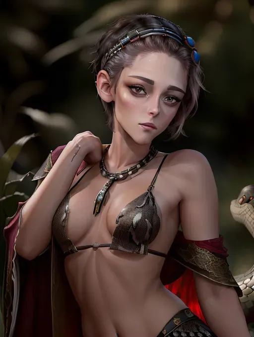 realistic 8k HD photograph, ((((Kristen Stewart))))(((accurate face))),(((as Snake Priestess))),((smirking))(((undressing))),((very sexy pose)),(((perky breasts))),(((very slender athletic body))),(((very short pixie cut hair)))((undercut)), five slender fingers, beautiful face, beautiful lips,detailed large eyes,curved eyebrows,cgsociety,cinematic lighting,studio lighting,professional,editorial,<lora:orgasming_face:1>