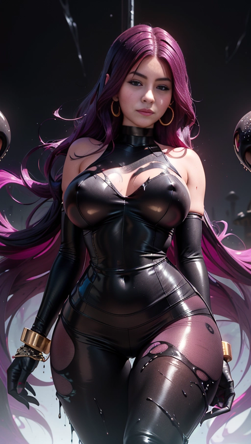 best quality, (((ultra high res))), (((detailed face and eyes))), (perfect face), big shining (((choker))), earrings, jewelry, (((big glowing succubus mark))), ((((big glowing succubus bodymark)))), (((conjuring))), (witch), ((long voluminous hair)), (((black gloves))), straight hair, (((golden bracelet))), ((skintight symbiote goo dress)), purple, (lipstick), ((((symbiote goo neckholder top)))), (((skintight))), ((black goo dripping)), (((kylie Jenner))), heart, (((dark burgundy red hair))), (((very long hair)))