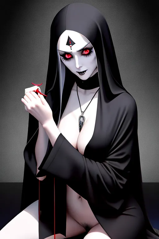 Evil nun,horror,creepy,gothic,crypt,naked,crouching,legs open,pubic hair,five fingers per hand,long hair,beautiful face,curved eyebrows,curved eyelid,smooth skin,wearing necklace,sharp focus,cgsociety,professional,surreal,highly detailed