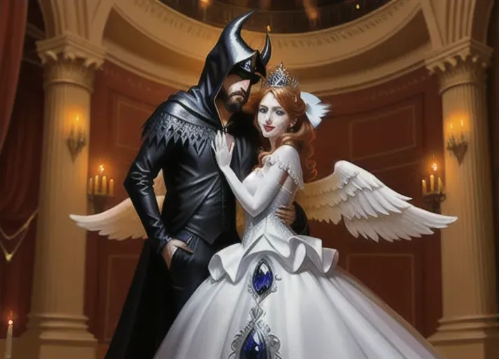 On Halloween night, beautiful auburn hair in a low hanging bun with beautiful sapphire eyes Queen Anna of Arendelle dressed in a beautiful pristine white ballgown beset with sparkling jewels, a pair of angel wings and an ornate Venetian mask, smiling and dancing with the devilish strong distinguished Marques de Sade dressed in a black leather hooded devil costume with horns and goatee at a nineteenth century Saints and Sinners Masquerade ball hosted by the Marques de Sade.