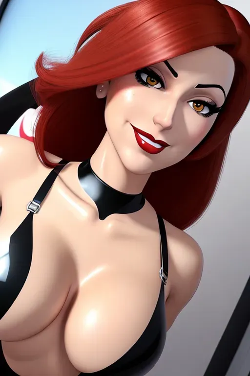 an rendered image of Elastigirl, redhair, oversize eyes, doe eyes, lustful gaze, smile, skintight suit, cleavage, shiny lipstick, big lips, sexy pose, high quality
