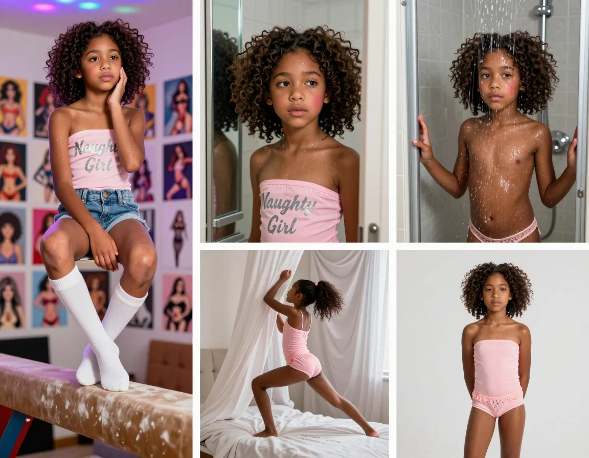 1 slender south african mixed race 12yo girl, sumptuous dark skin, wild curly afro hair, large almond shaped eyes, pert nose, chiseled jawline, small upturned mouth, skinny legs, tiny hips, flat chest, stephanie allain body type, subtle acne on chin and forehead, first signs of skimpy pubic hair.image 1: towering diy flea market stand packed with erotic art prints and memorabilia, strobing disco ball spins colorful light on the girl posed on display in provocative outfit - low-rise denim shorts, pastel pink tube top with "Naughty Girl" written in glittery silver letters, knee-high white socks. girl sits on display case edge, twisted legs around it, exposes right cheek with hand running down thigh. camera angle mirrors shoppers' view.image 2: opened bedroom door shows peach fleshy bottom barely covered by microscopic polka-dot lacy thong, slightly parted legs, flushed cheeks. closeup of girl's face reflected in metallic mirror on the door, expression of dazed curiosity, tangled afro hair.image 3: sweaty steam billows from shower cubicle, door half cracked open to reveal 12yo girl, her childish skin glistening with water, no soap bubbles, just streaked with rivulets of water tracing down her curves. she blinks at the intrusion, hand splayed on the tile to steady herself.image 4: soft focus, shallow depth of field captures girl's minuscule derrière peeking out from under soft white sheet draped over a bare mattress, tufted headboard leans in close to hide her front, just a tiny sliver of smooth thigh visible. her breathy whisper floats through the room, drifting through the diaphanous draping: "just a minute, i'm getting dressed..."image 5: sharp focus on gleaming metal of a gymnastics balance beam, girl's tiny ponytail swinging in mid-air, Bouncy strapless pink leotard rides up to expose delicately shaped ass, short boyshorts underneath arrest the eye with a delicate lacy triangle disappearing into the crack of her bottom, bare skin peeks out from the edges. legs splayed in a concentration stance, foot flexed, toes pointed. this is a "caught in a moment" candid shot.image 6: full frontal color portrait in a professional studio, girl stands bare, hands clasped behind her back