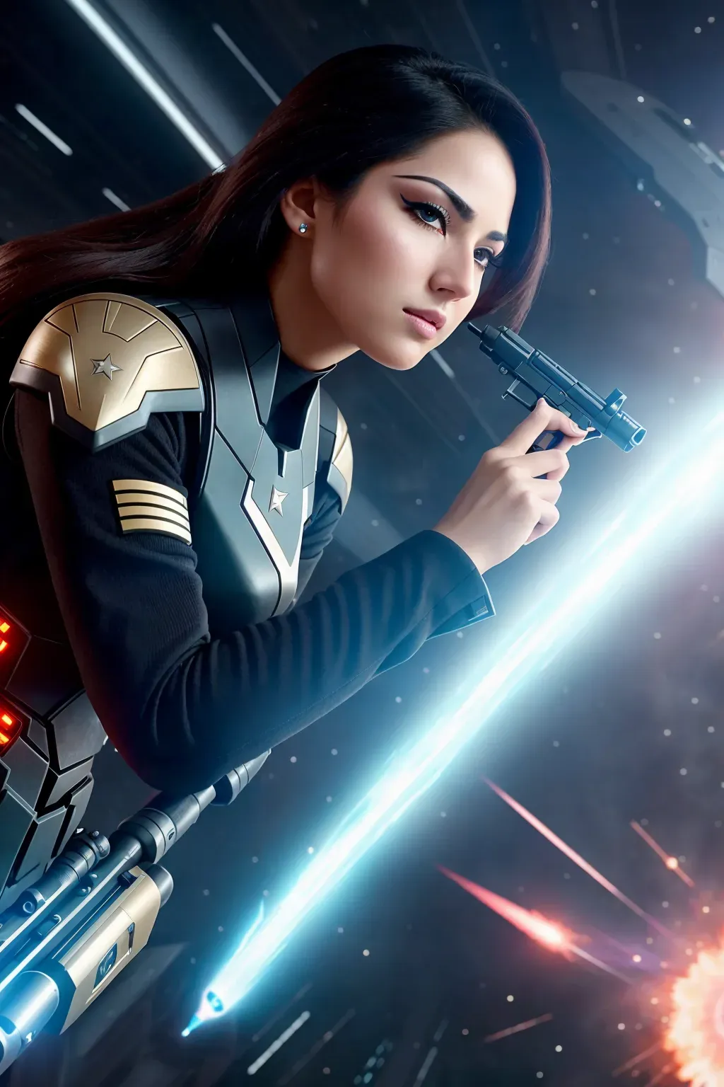 a photograph of, a female Star fleet officer, shooting a futuristic gun, fighting in a futuristic city, a star ship fighting behind, five slender fingers, beautiful lips, curved eyebrows, curved eyelid, beautiful eyes, professional, ultra realistic,