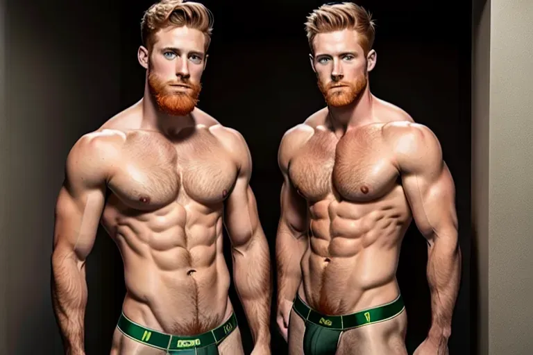 tall man, fully nude, standing, muscular but thin, abs, uncircumcised penis, ginger hair, short beard, green eyes, face in frame, looking at camera