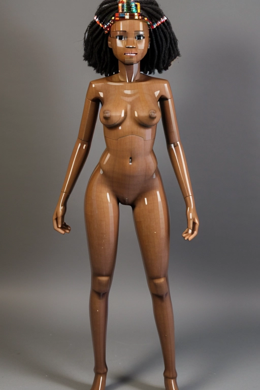 A full body naked image of an Attractive African American tribal woman nude, 22 years old, walking stance, camera, slim curvy shape, large breasted, skinny, small frame, short stature, barefoot, simple, withe few detail, to be converted to pixel art later, feminine stance, standing similar to character sprite sheet, from isometric southeast side and northeast