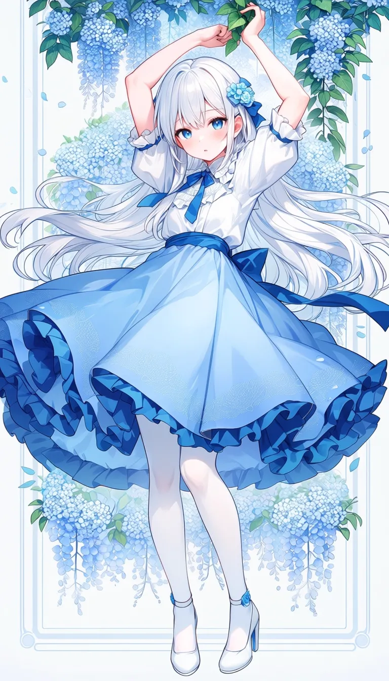 safe, absurdres, 1girl, original, arms up, blue eyes, blue theme, dress, flower, frills, full body, hair ornament, high heels, holding, leaf, long hair, looking at viewer, parted lips, plant, puffy sleeves, ribbon, shirt, short sleeves, solo, white footwear, white hair, white shirt, white pantyhose