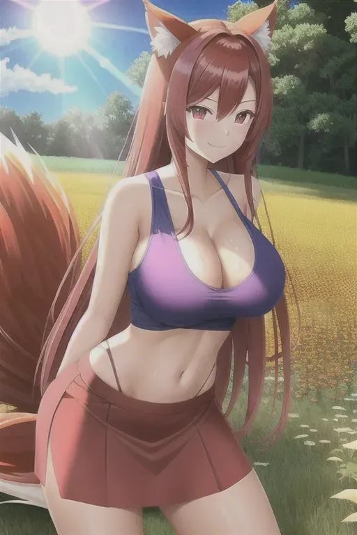 Wide shot, Sex, penetration, bent over, nsfw, group, 1 nine tailed fox woman, long thick luscious hair, serious eyes, smirk smile, thin striking face, hourglass figure, tight body, sweating skin, ripped up tank top, worn tight skirt, unique, 8k, high definition, beautiful, in a meadow, sunny day, natural lighting