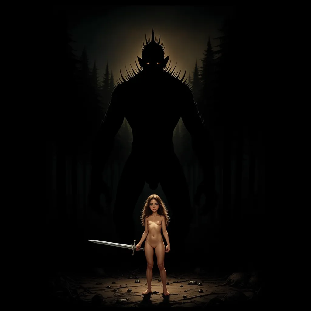 Background is dark evil forest, in the darkness a monster with spikes looks in the darkness, only its silhouette is visible, it has a giant erect human looking cock and balls, ((giant penis)),
In the foreground is a girl, dwarfed by the size of the monster, she is naked and stands ready to face the monster, she holds a sword,
{{{{Frank Frazetta}}}}