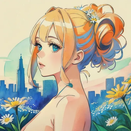 masterpiece, watercolor and pencil painting, (beautiful and aesthetic:1.5), surrealism, highly detailed, a portrait painting of 1girl (recording artist singer-songwriter Delaney Jane), (nude), profile with blonde hair piled up atop her head in volumized casual messy updo with interlaced daisies bluebells and babies breath and exposing the back of her neck, with orange and blue color pallet, hard brush, minimalist low poly collage illustration, splatter oil paintings effect, city portraits, heavy inking,