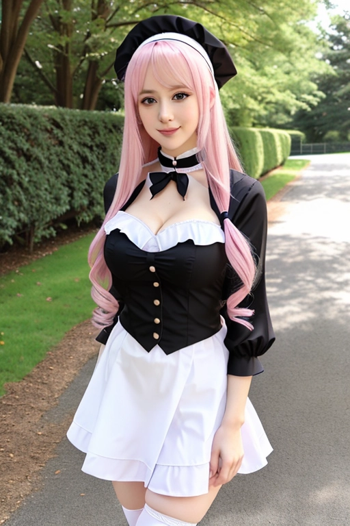 long hair, pale skin, pink hair, blue eyes, black choker, giant H-cup breasts, wavy hair, maid uniform, smiling, full body photo, 28 years old, miniskirt, cleavage, high heels