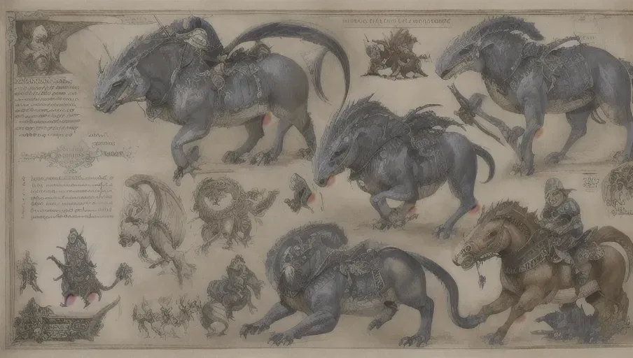 ((8k, high detail, ultra-crisp, high resolution)) character design sheet from artist Edward binkley of a monster riding a creature . ((Medieval bestiary art)) (((multiple arms from video game bestiary art))) realistic animal anatomy (line art)