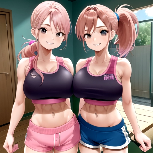 Twins, pink hair, light brown hair, ponytail, (((busty))), young, cute, (slender), sports bra, blue shorts, at home, smile